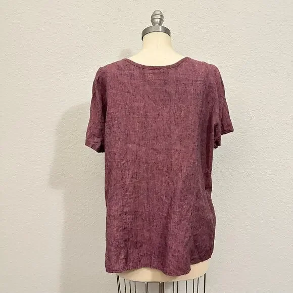 FLAX Tunic Top Burgundy Relaxed Fit Boxy Linen SS Minimalist Lagenlook - Picture 2 of 9